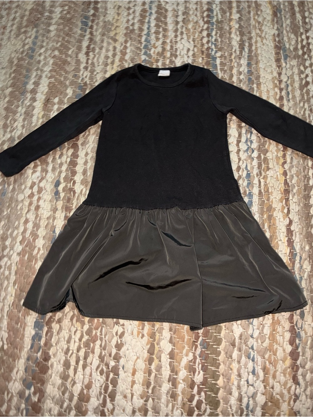 Girls' Black Long Sleeve Casual Dress with Satin Skirt